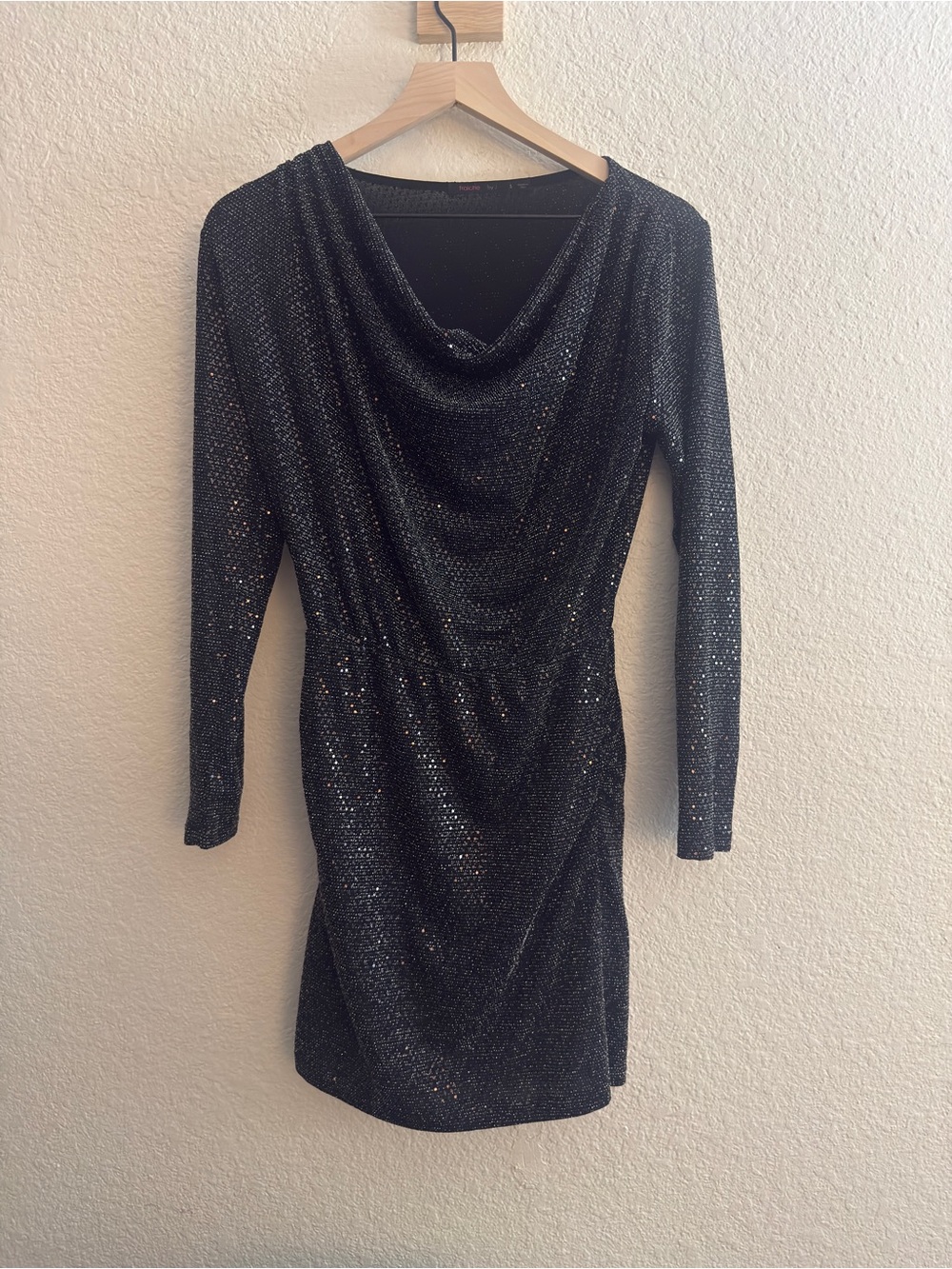 Sparkling Black Cowl Neck Long Sleeve Dress